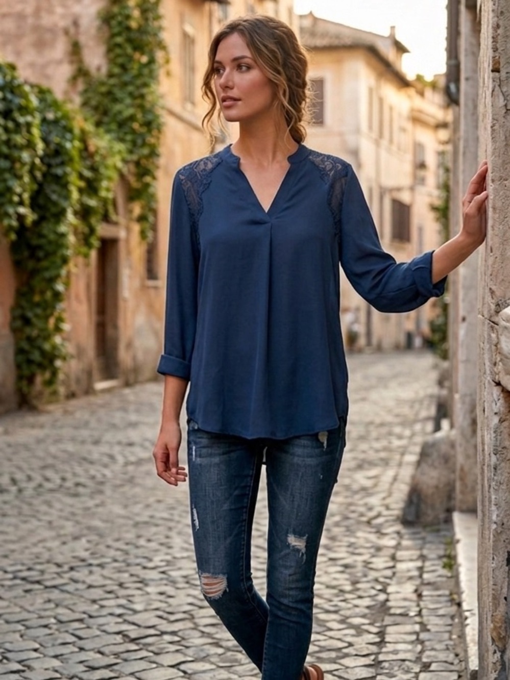 Elegant Navy Blouse with Lace Accents